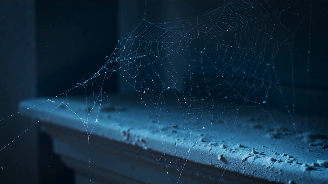 Una brezza mutevole sposta i granelli di polvere attraverso una ragnatela sopra un caminetto impolverato, facendo vibrare i fili.