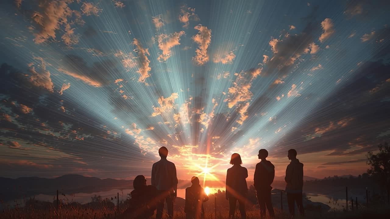 丘の上から美しい夕日を眺める人々のシルエット