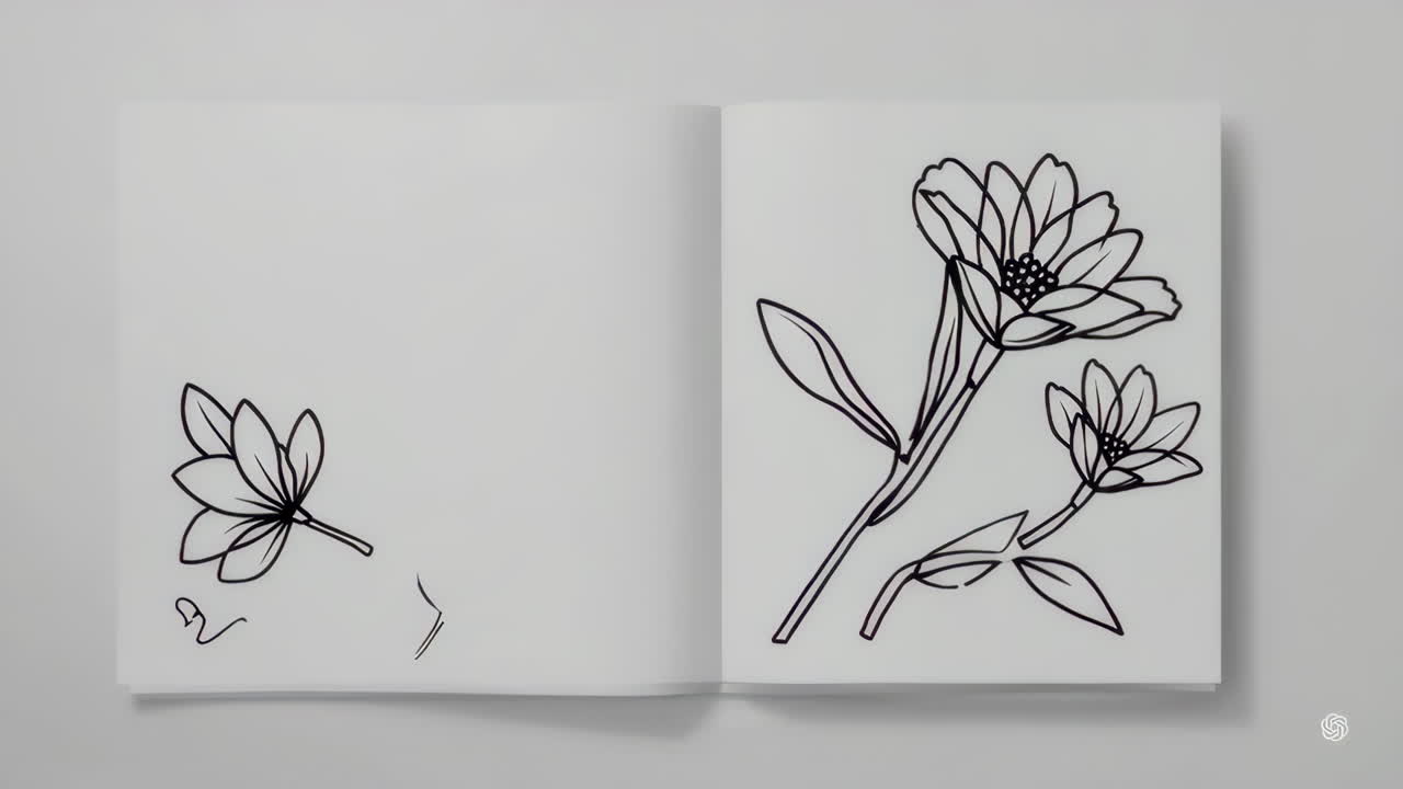 Line Art Flower Illustrations in an Open Book