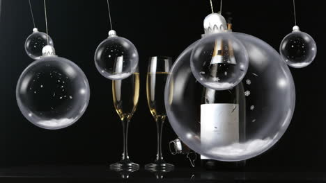 clear christmas baubles swinging over champagne cork, bottle and glasses on black background