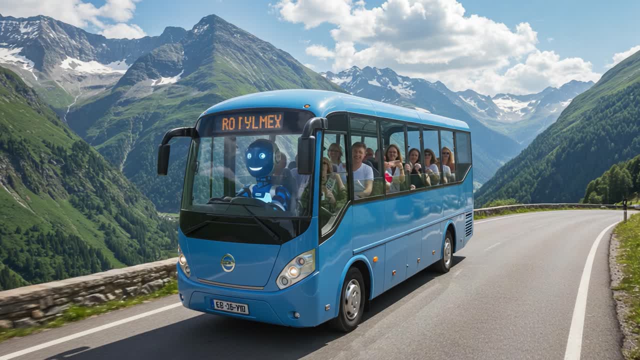 A scenic journey through majestic mountains on a blue bus filled with happy passengers, showcasing the beauty of nature and the joy of group travel on a sunny day