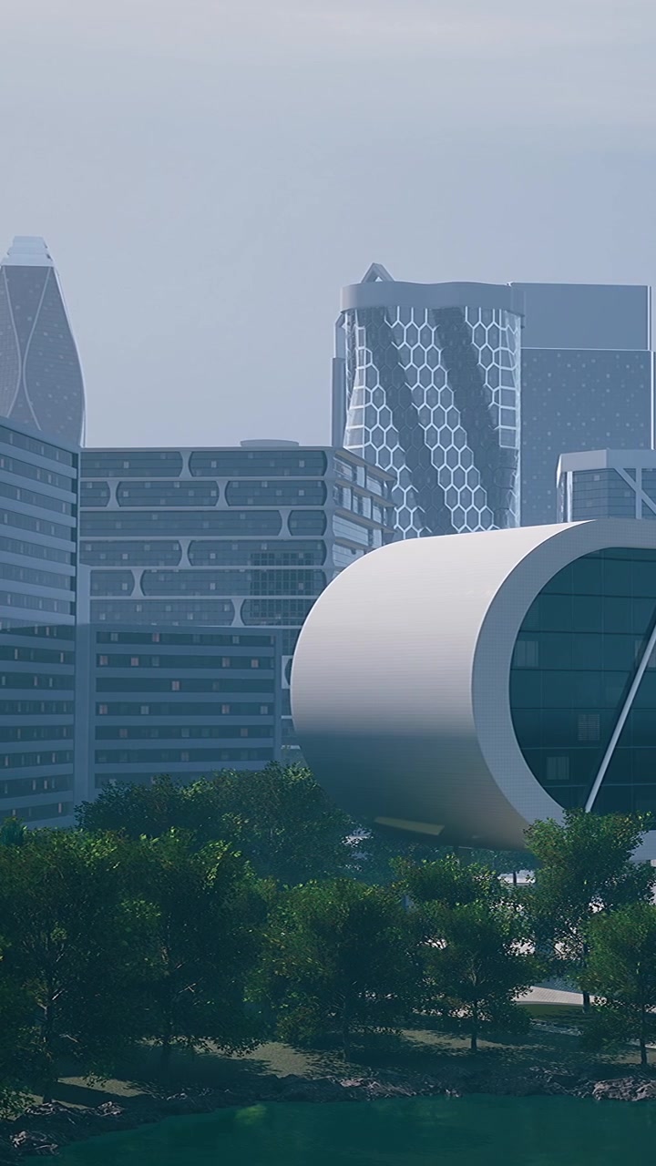Edifícios modernos ao lado da água com árvores verdes em primeiro plano.