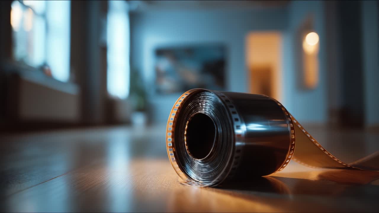 Nærbillede af en filmrulle, der ruller ud på gulvet i et kunstnerisk rum med blød belysning, der understreger skønheden ved analog fotografering og nostalgi