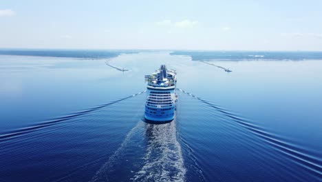 drone capture cruise ship nearing sea gates, gulf of riga at daugava river mouth