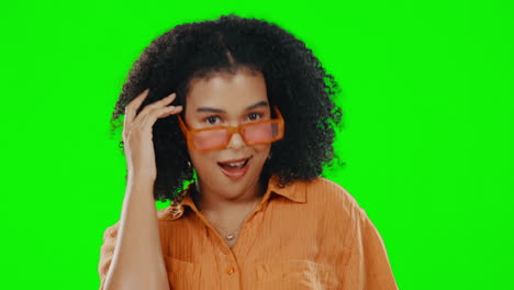cool, green screen and woman looking over