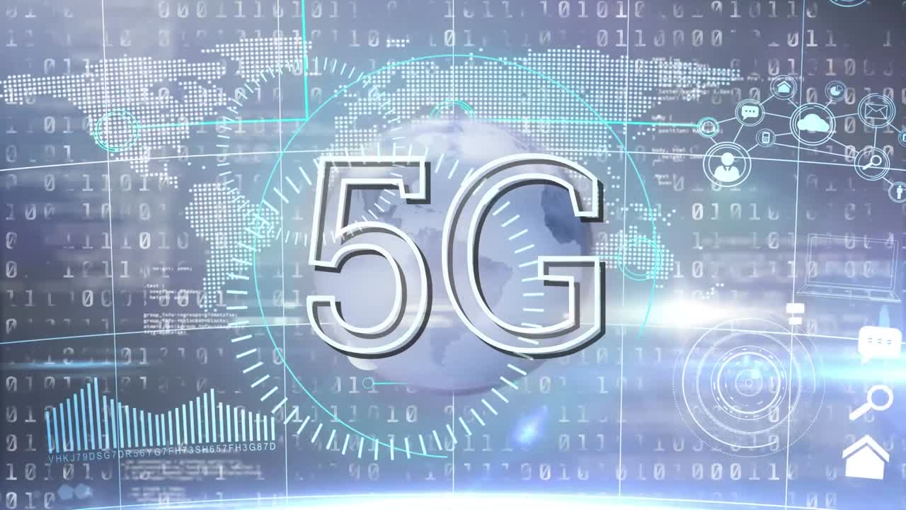 animazione di 5g, globo, mappa del mondo e elaborazione dei dati su sfondo grigio