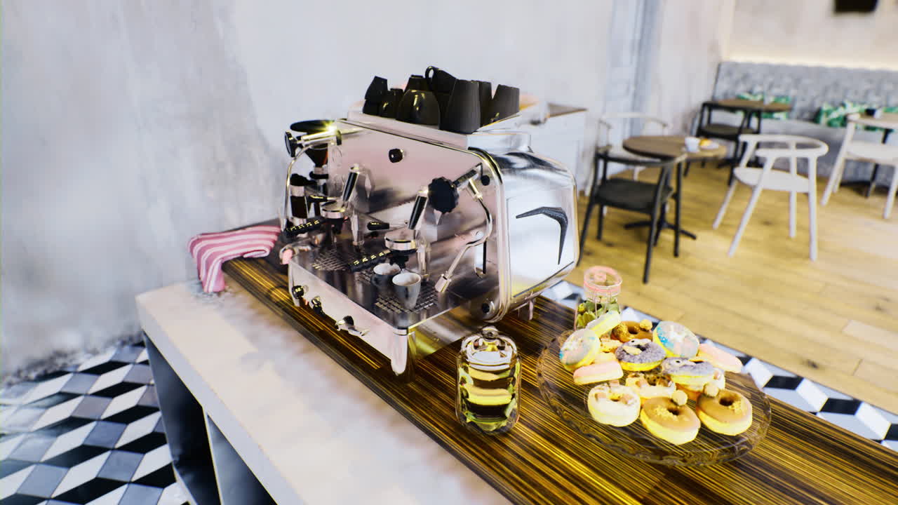 Delightful coffee machine showcasing fresh pastries in a stylish cafe setting