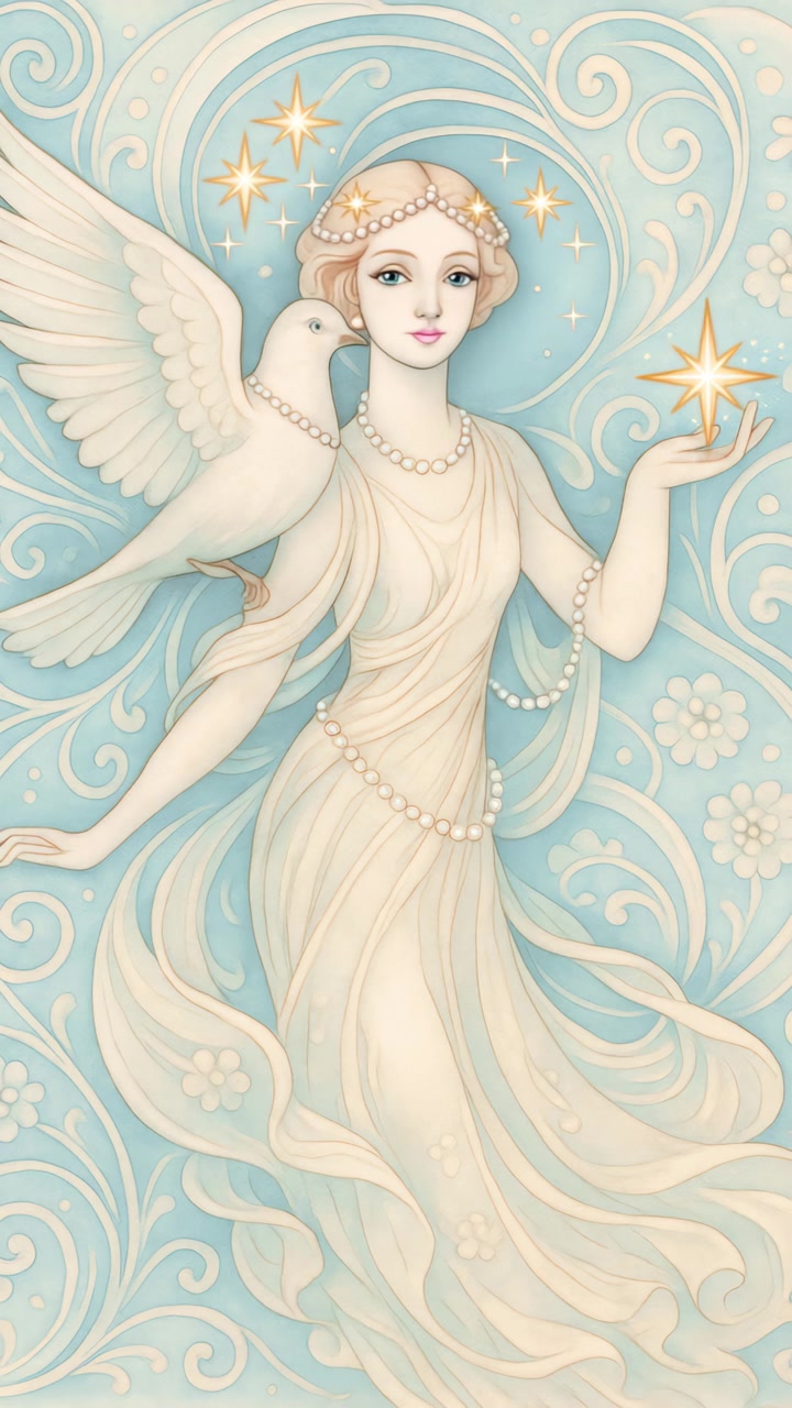 Animated Art Nouveau Illustration of a Woman with a Dove and Star
