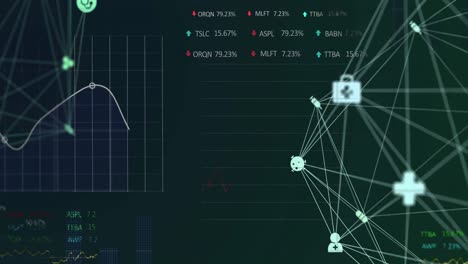 globe of medical icons spinning against stock market data processing against black background