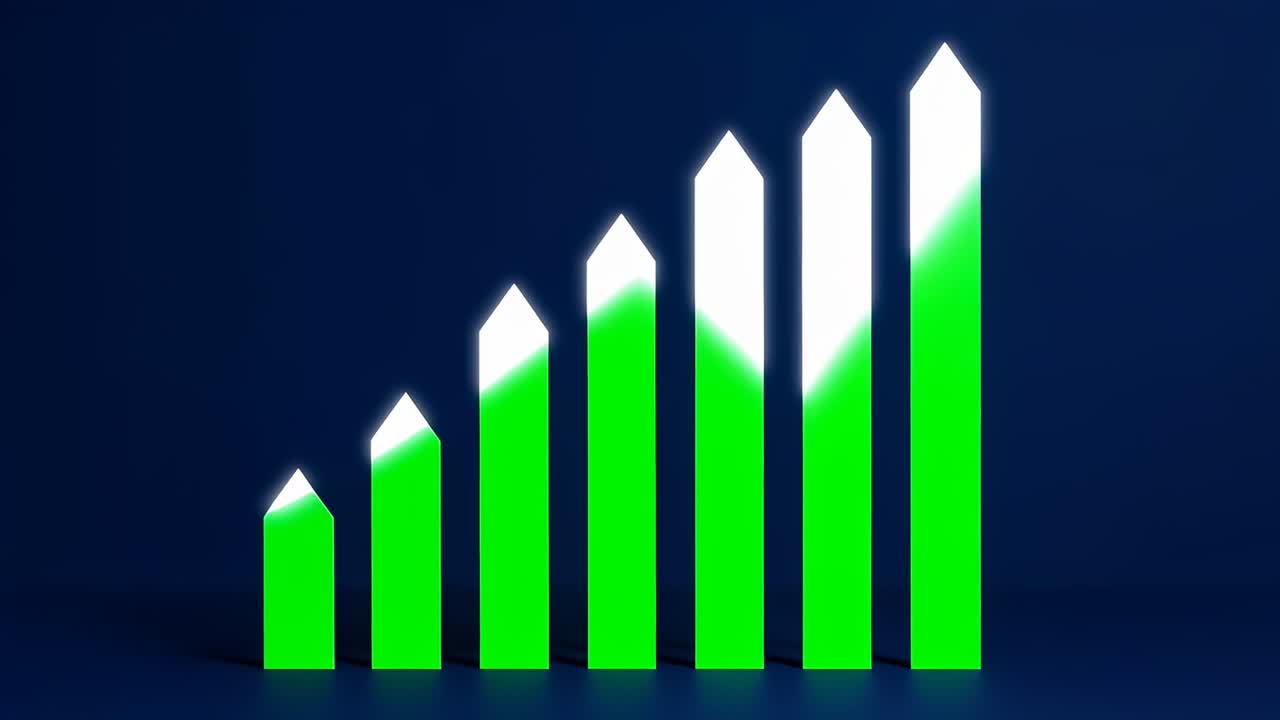 Animating seven arrow-tipped columns turning green with color fills and sheen sweeping navy floor