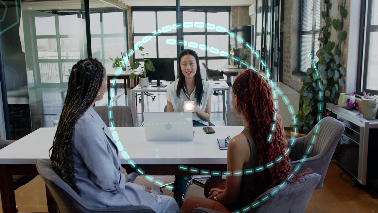 Business lead speaking sparking teal rings over laptop walking to window pitching plan team nodding
