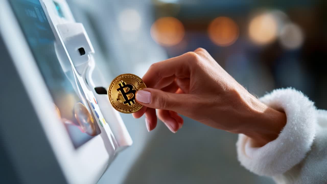 Engaging with a Cryptocurrency ATM: A Close-Up View of a User Inserting a Coin and Interacting with Modern Digital Currency Technology
