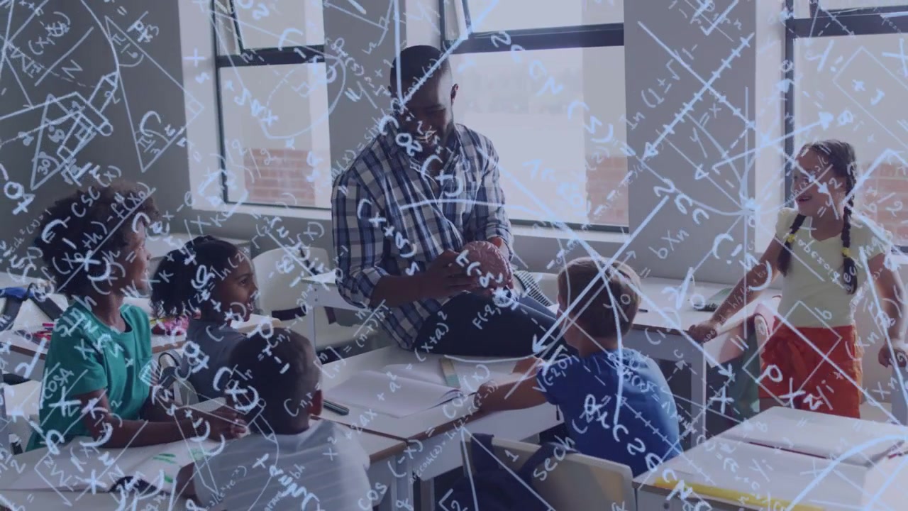 Teacher leaning, guiding students writing in classroom, math overlay showing formulas to teach math