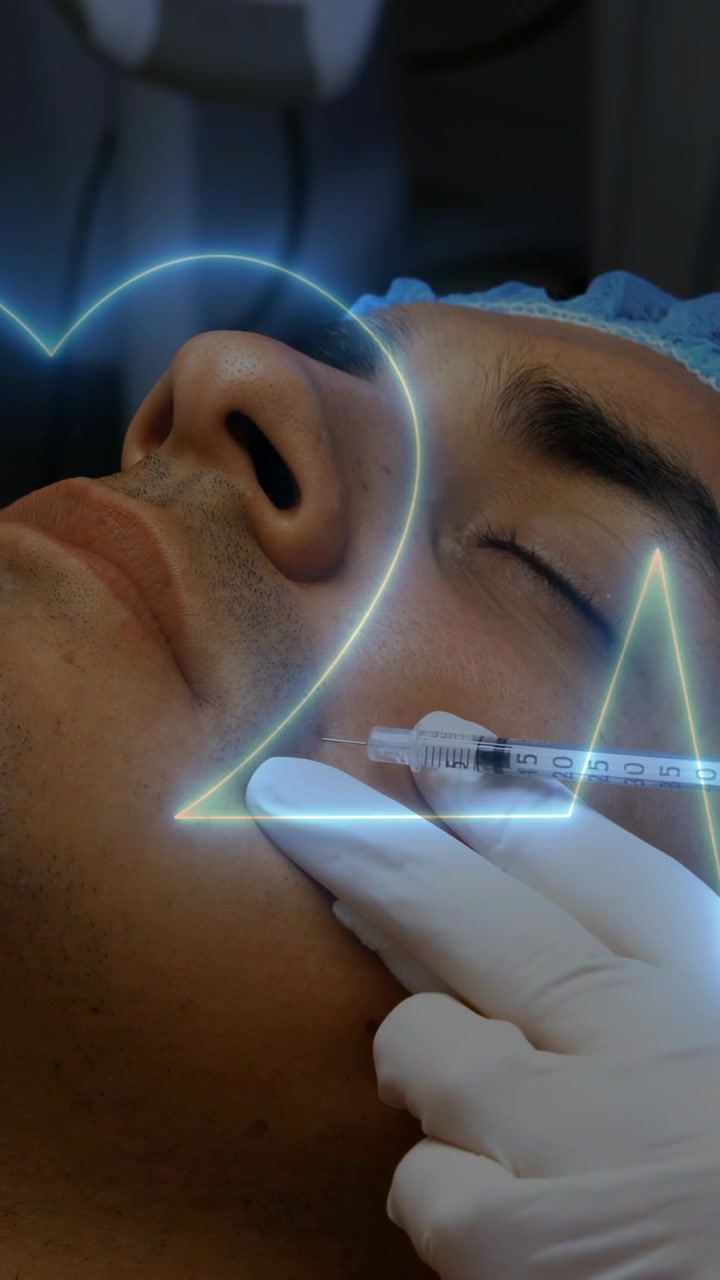 Video verticale: Siringa che entra, infermiera che palpa e inietta la guancia destra per un trattamento estetico, con effetto neon.