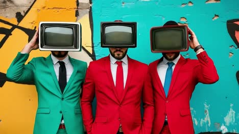 three men in red suits and ties holding up televisions over their heads