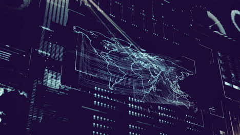 animation of digital data processing with world map over black background