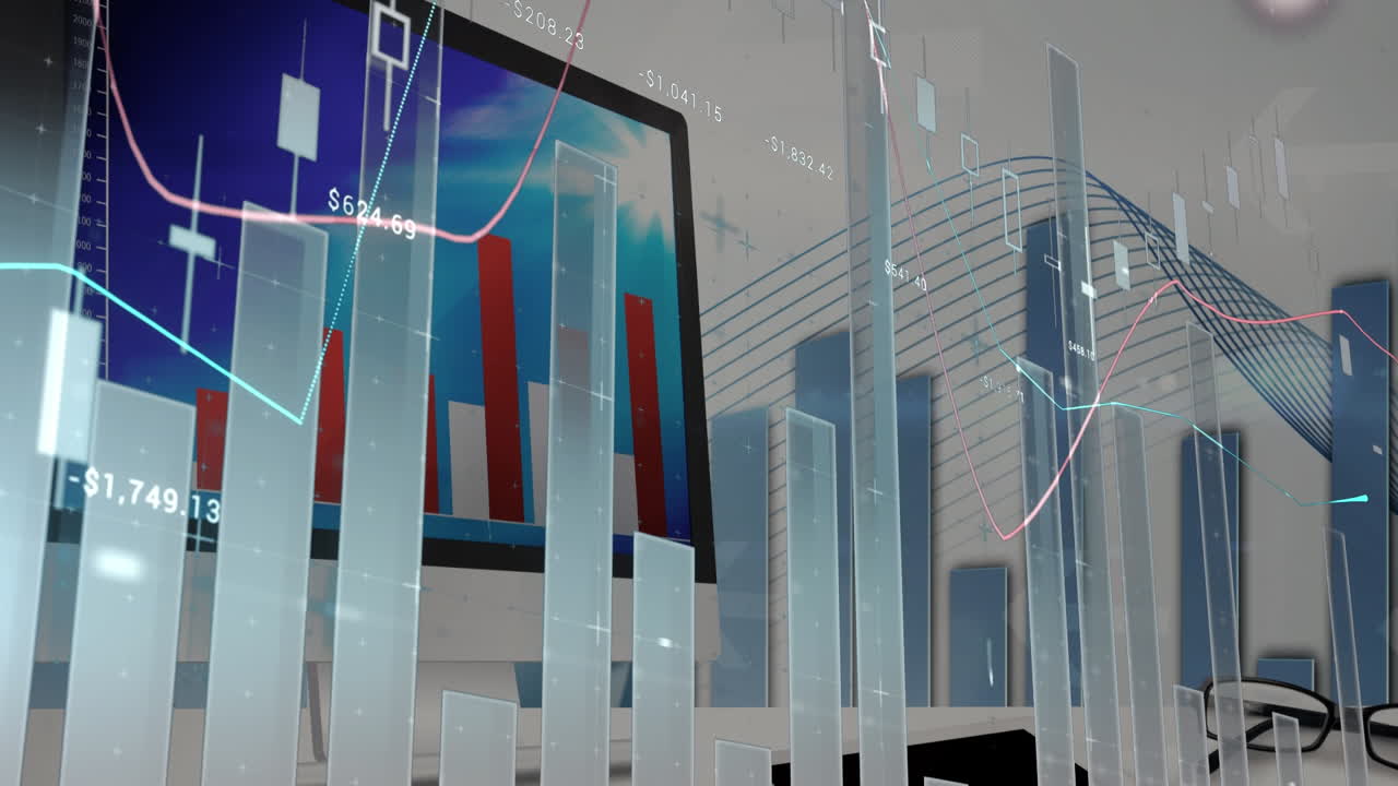 animación de datos financieros en la pantalla de la computadora con gráficos en la oficina