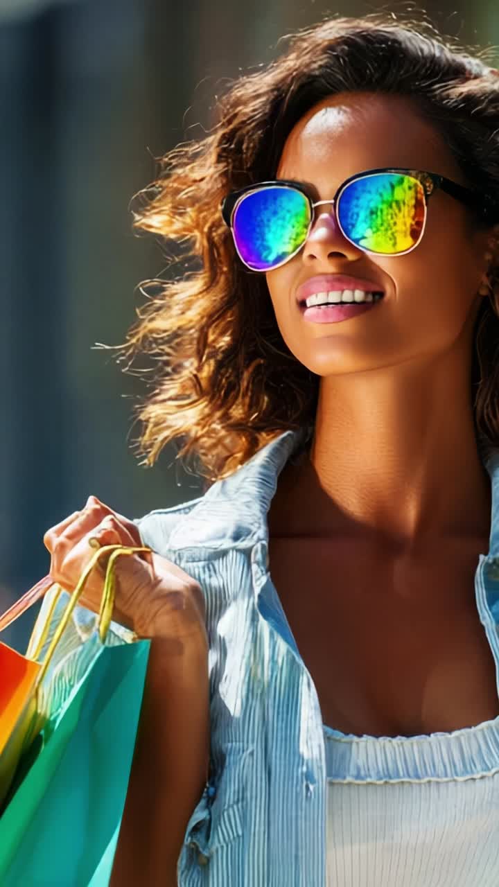 Joyful Woman in Sunglasses Holding Colorful Shopping Bags on a Bright Sunny Day, Radiating Happiness and Style with Her Colorful Reflections
