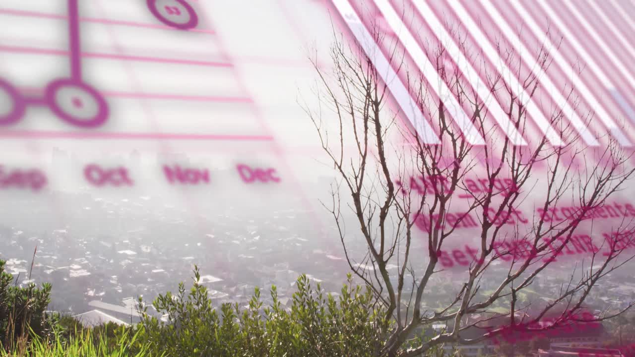 animación del procesamiento de datos financieros sobre el paisaje urbano