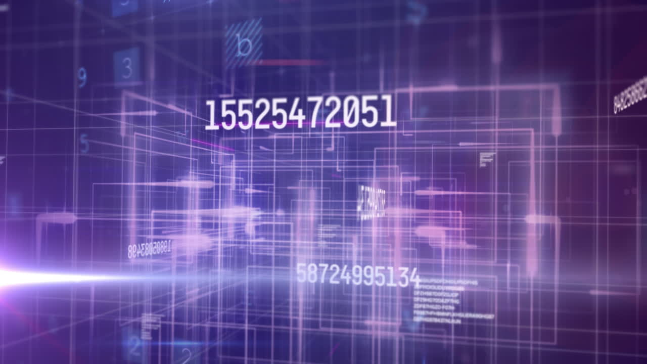 Digital animation showcases changing numbers and cyber security concepts on a blue background.