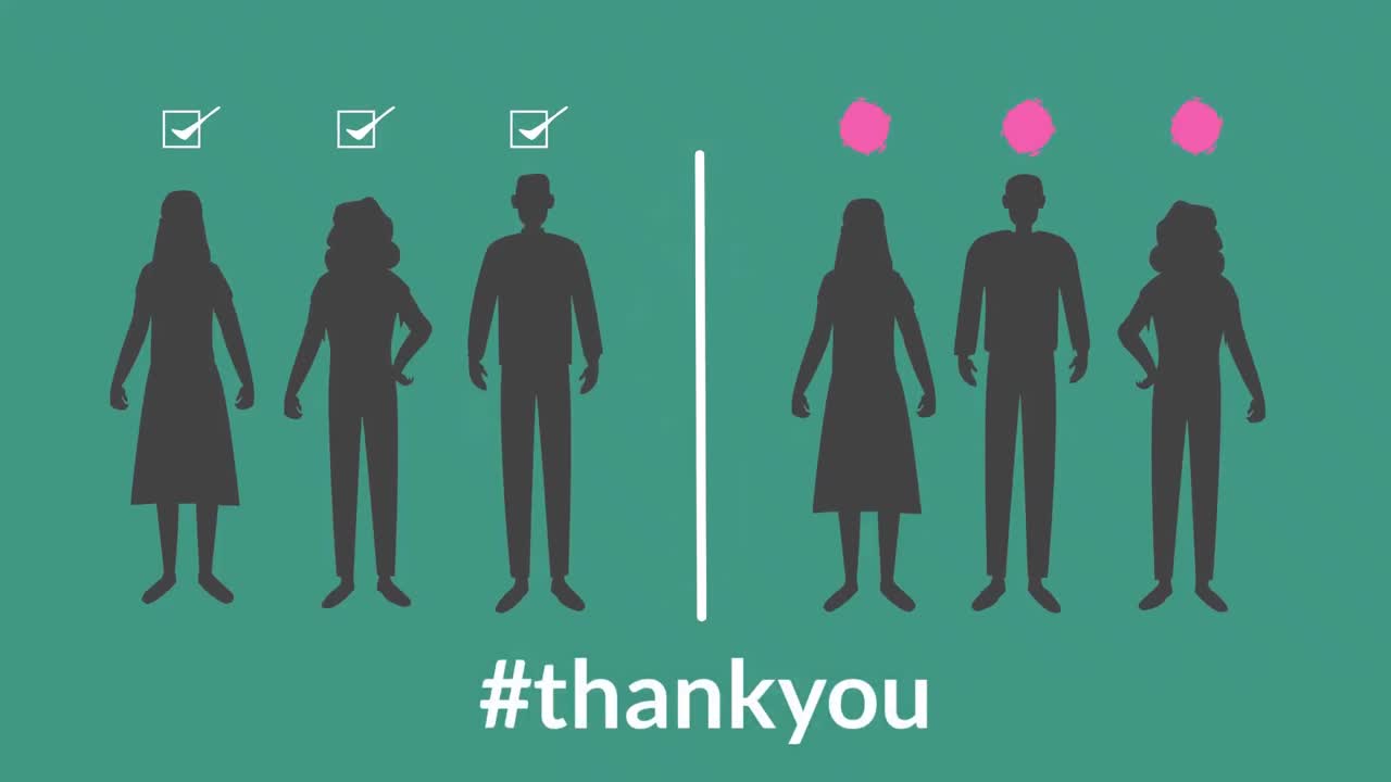 얼굴 마스크를 쓰고 있는 인간의 모양으로 반 ⁇ 이는 감사의 단어의 애니메이션