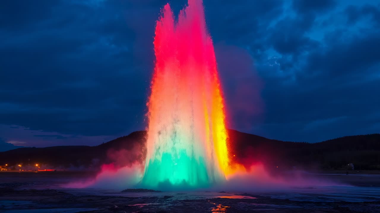 Geyser erupting under pressure in night basin, colored lights illuminating misting runoff channels
