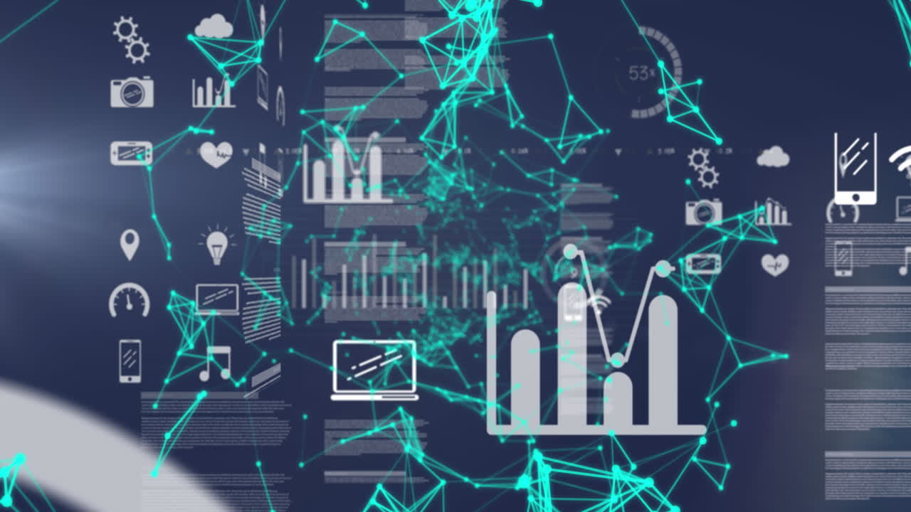 Animation of computer application icons, graph and trading board against connected dots