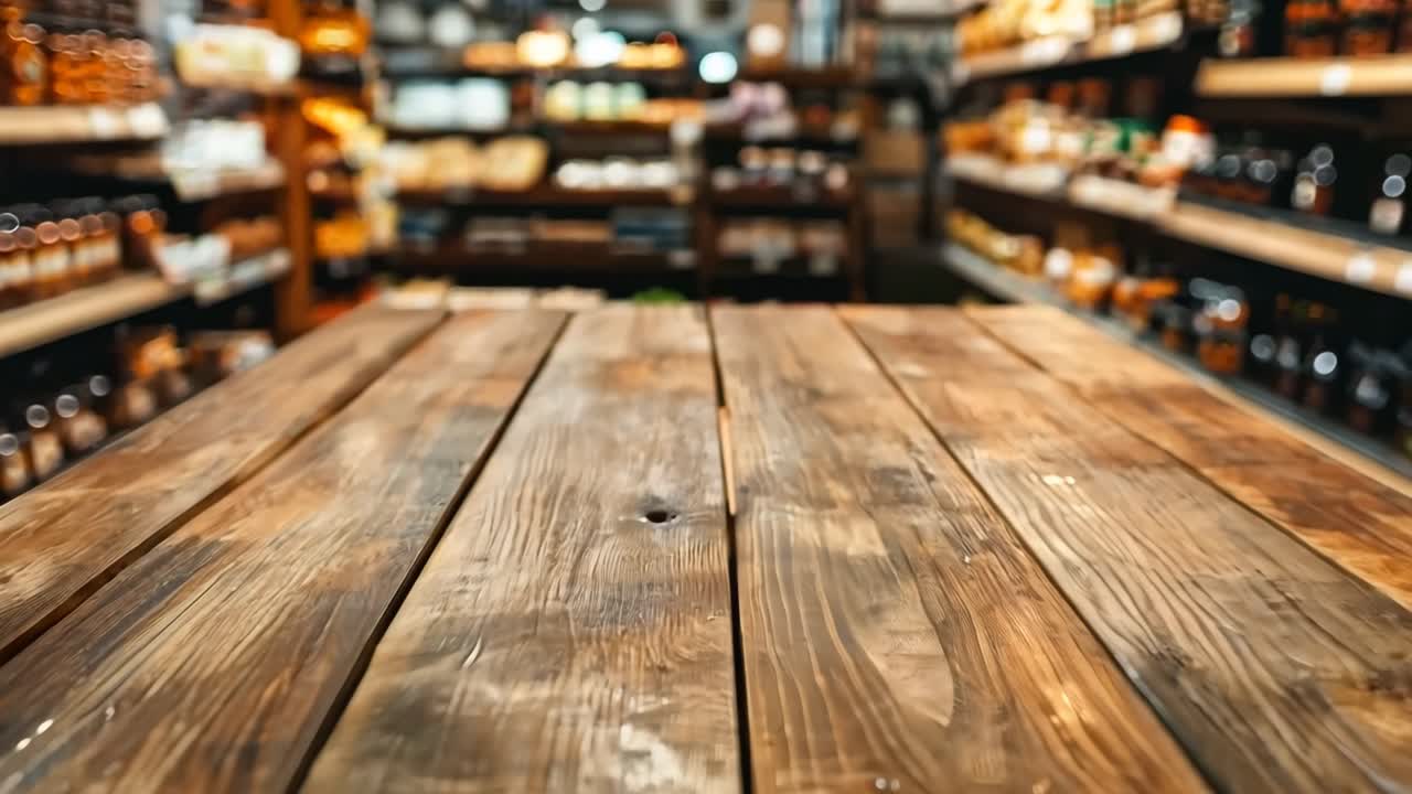 una mesa de madera frente a una tienda llena de botellas de licor