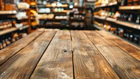 a wooden table in front of a store filled with bottles of liquor