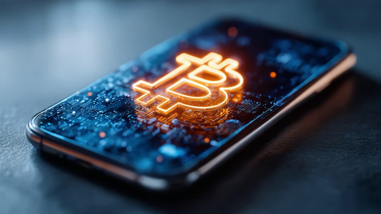A Glowing Bitcoin Logo Displayed on a Smartphone Screen Surrounded by Digital Network Patterns, Symbolizing Modern Cryptocurrency Trends and Technology Innovations