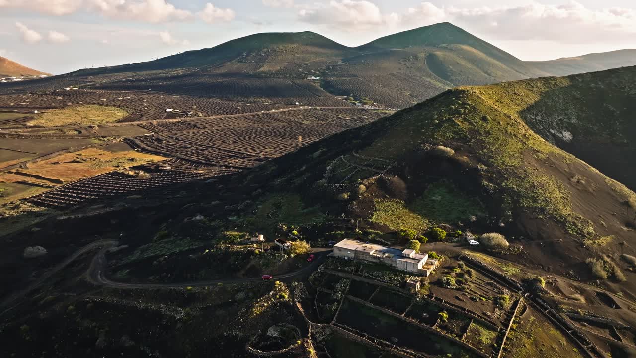 Stunning Drone Flight Over Lanzarote's Wine-Growing Region La Geria with Unique Volcanic Landscape