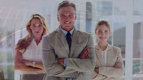 animation of stock market data processing over portrait of diverse businesspeople smiling at office