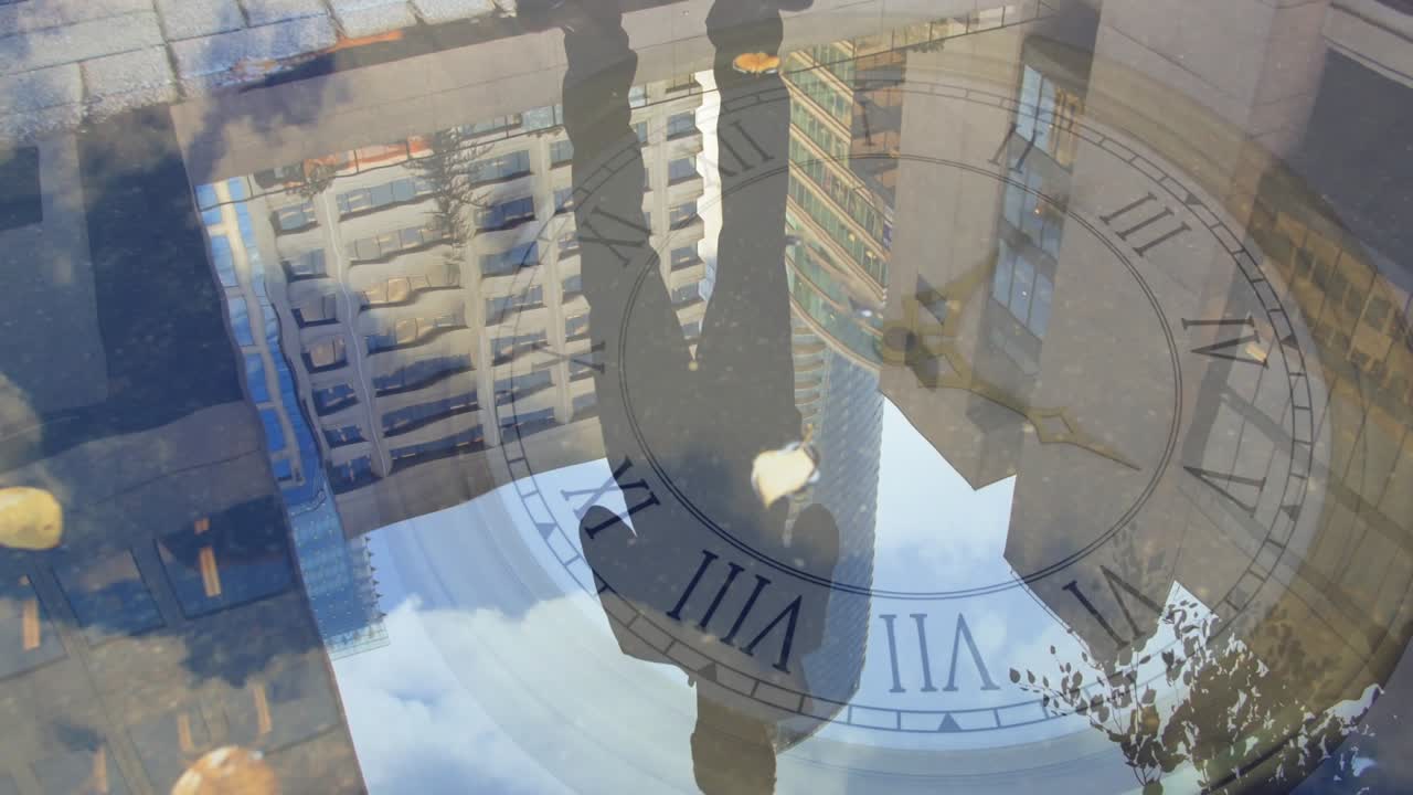 Man walking past puddle, pausing, shifting stance, reflection aligning with clock overlay for ads
