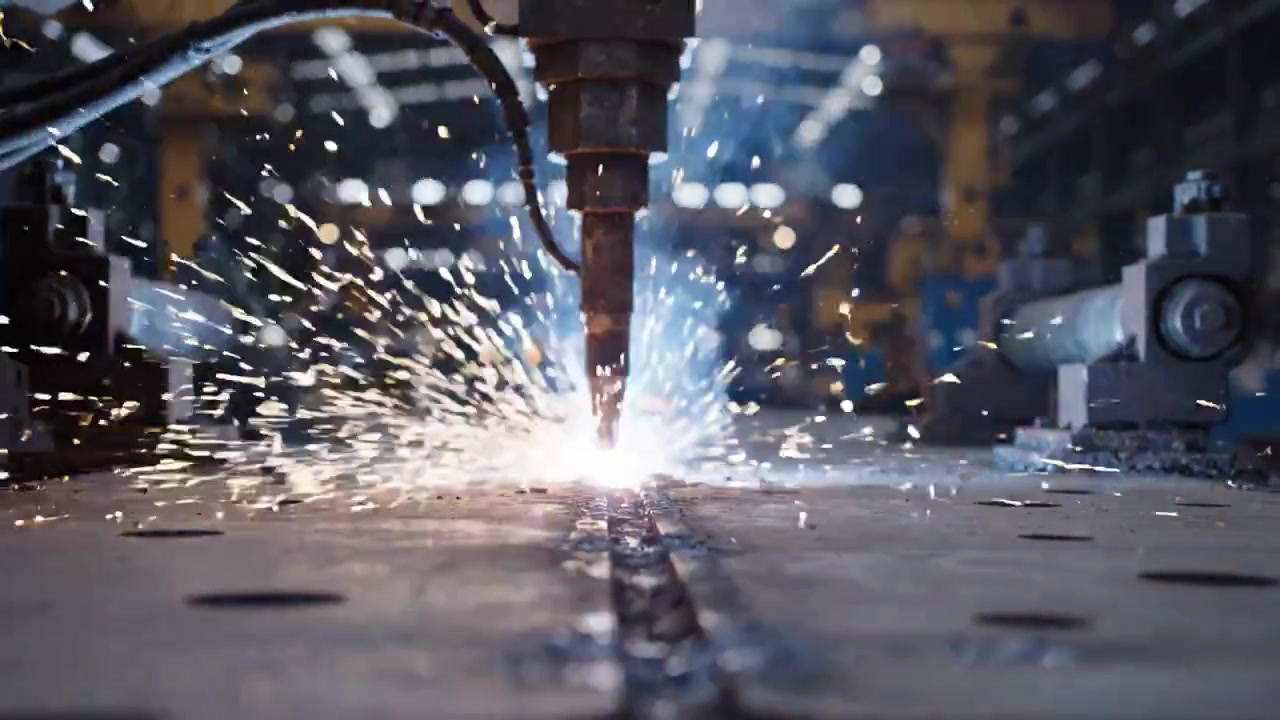 Dynamic Sparks Emanating from a Precision Cutting Machine in an Industrial Setting, Capturing the Intensity and Energy of Metal Fabrication Processes