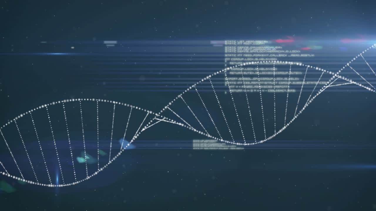 animación de la cadena de adn y procesamiento de datos sobre fondo azul
