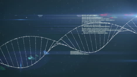 animation of dna strand and data processing over blue background