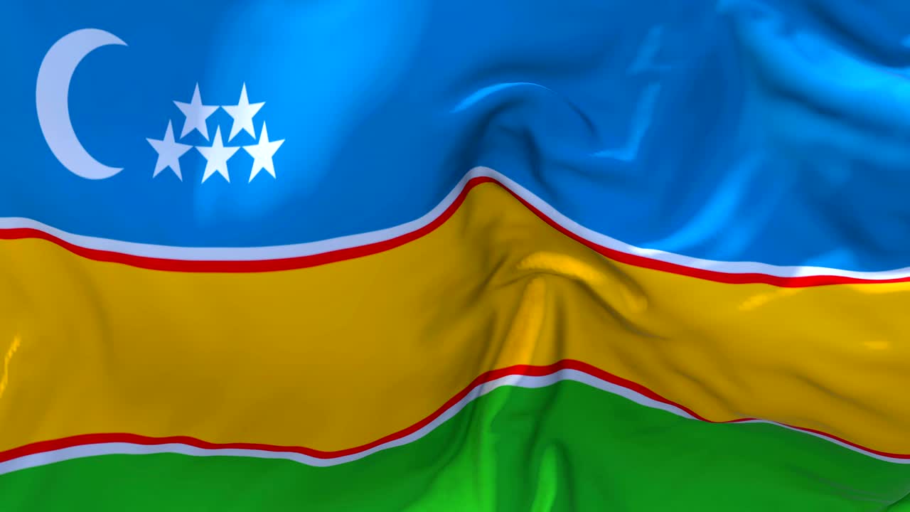 bandera de karakalpakistán ondeando en el viento animación en cámara lenta. bandera de textura de tela realista de 4k soplando suavemente en un día de viento fondo de bucle continuo sin costuras.