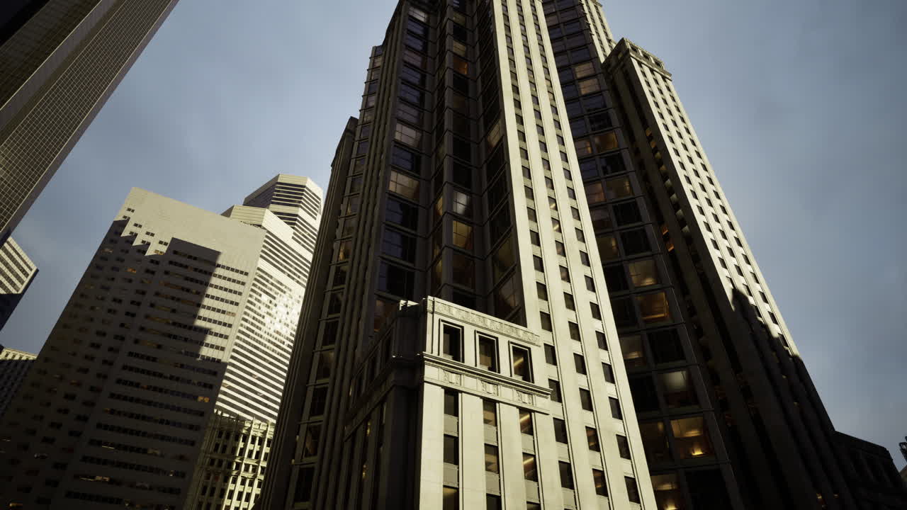 Skyscraper towers above the city close to dusk under a cloudy sky