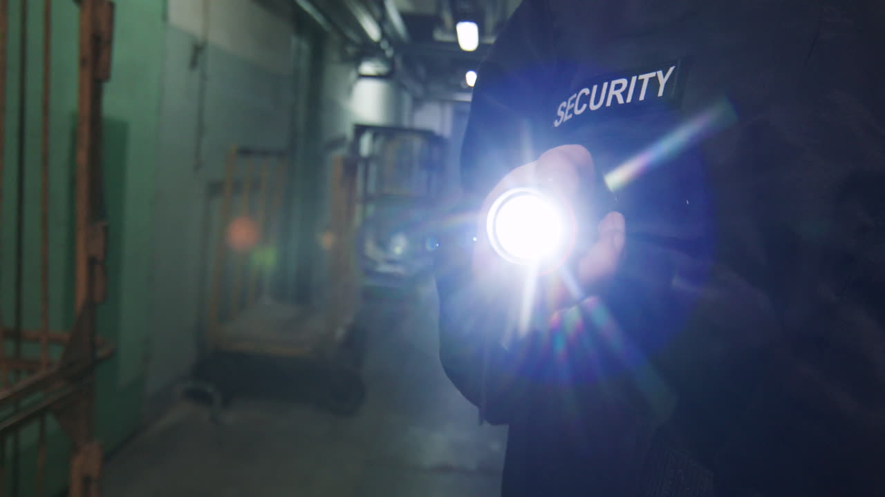 손전등을 들고 있는 여성 안전 경비원