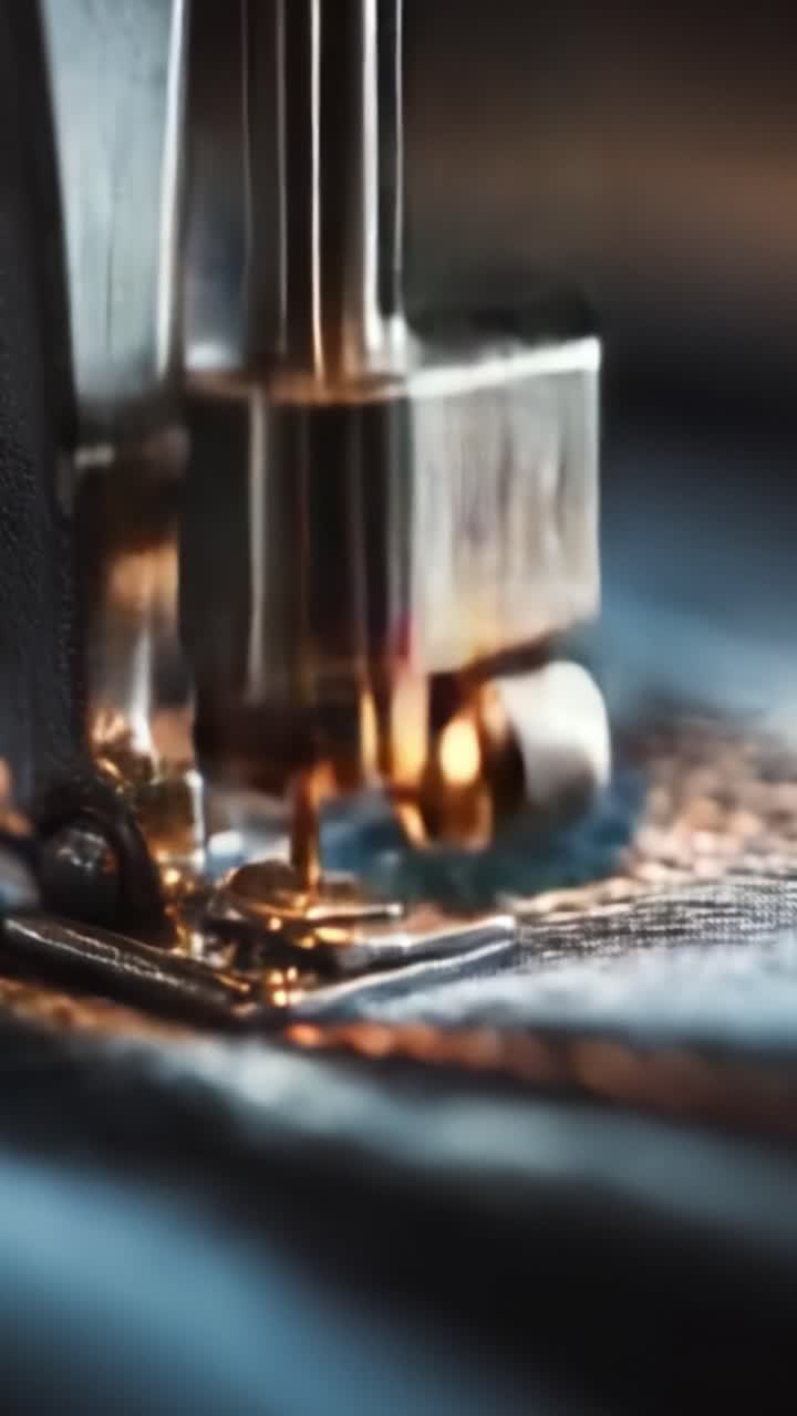 Close-Up of a Sewing Machine Needle in Action, Capturing the Detailed Mechanics and Craftsmanship of Textile Sewing and Fabric Creation