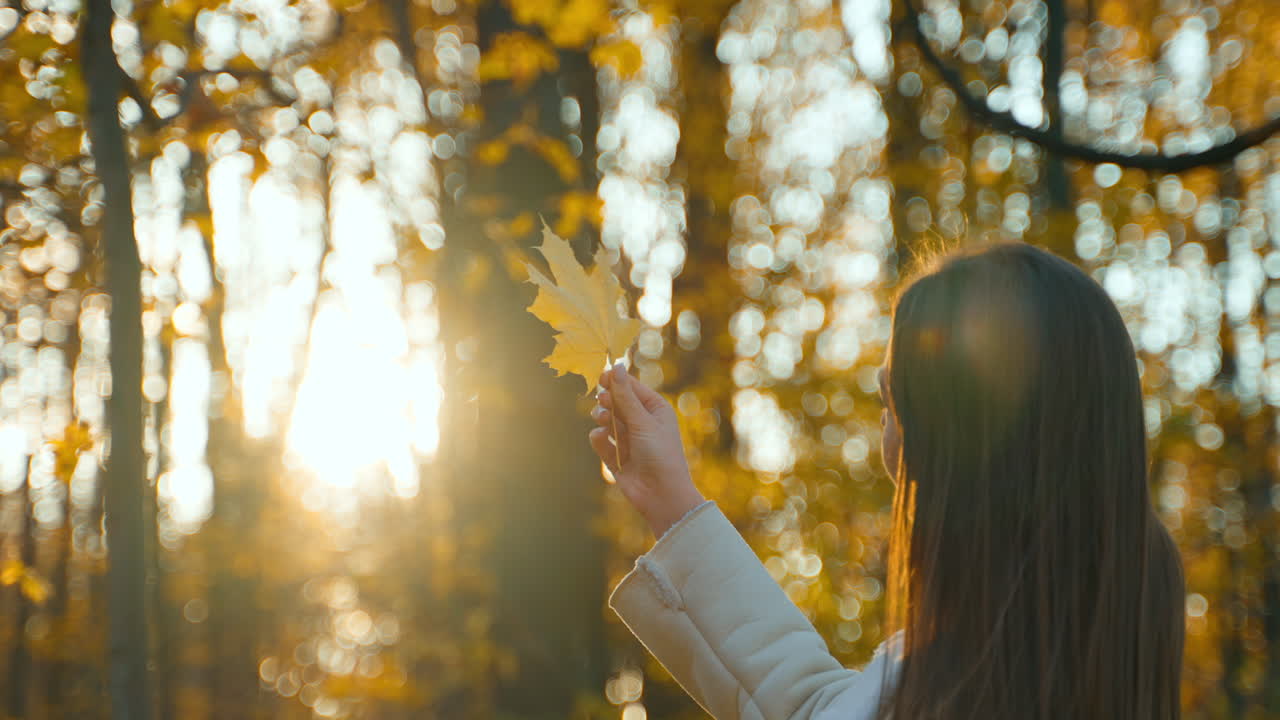 Woman holding a leaf during golden hour sunset in autumn park
