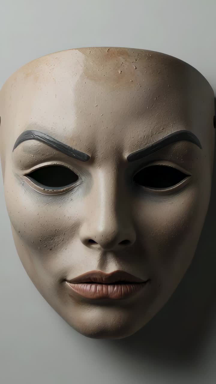 Vertical video: Starting slide, camera moving forward to sculpted mask in studio, revealing texture