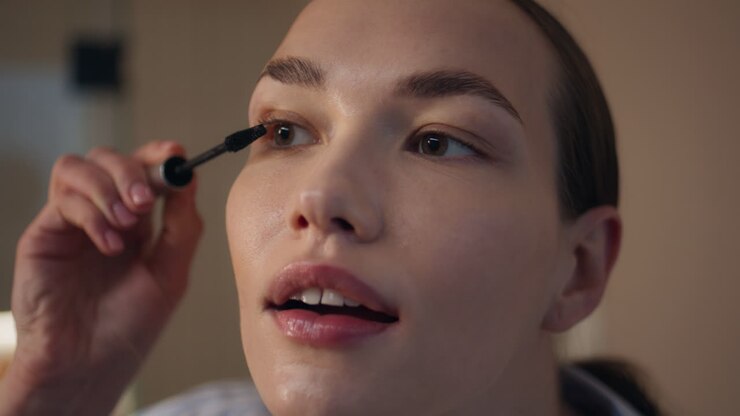 Glad kvinde lægger makeup og påfører sort mascara. Nærbillede af skønhedspige der gør sig klar.