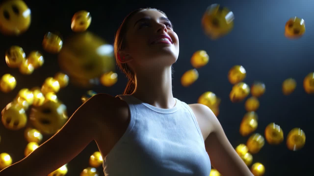 Euphoric Happiness: A Joyful Woman Embracing Floating Smiley Faces in a Dreamlike Setting of Laughter and Positivity under Soft Illumination, Capturing Pure Elation in a Whimsical Atmosphere