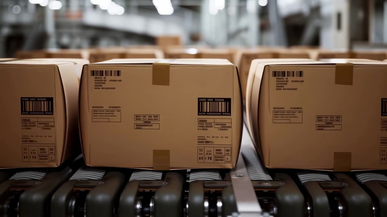 Rows Of Cardboard Boxes On Conveyor In Busy Fulfillment Center, Industrial Lighting, Visible Barcode Labels