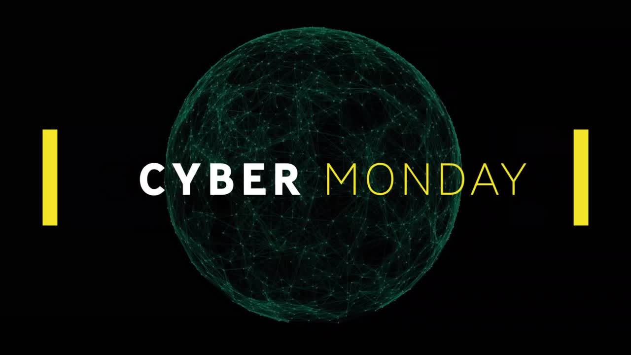 lunes cibernético banner de texto contra el globo verde de la red de conexiones en fondo negro