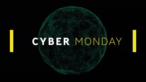 Cyber-monday-text-banner-against-green-globe-of-network-of-connections-on-black-background
