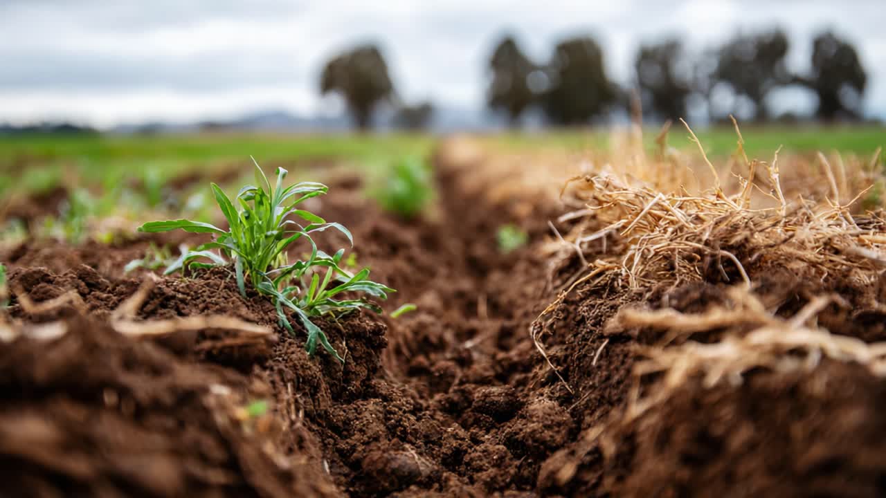 Primo piano di un terreno ricco di nutrienti e vegetazione verde emergente in campi agricoli, che evidenzia il potenziale di crescita e la bellezza naturale dei paesaggi agricoli
