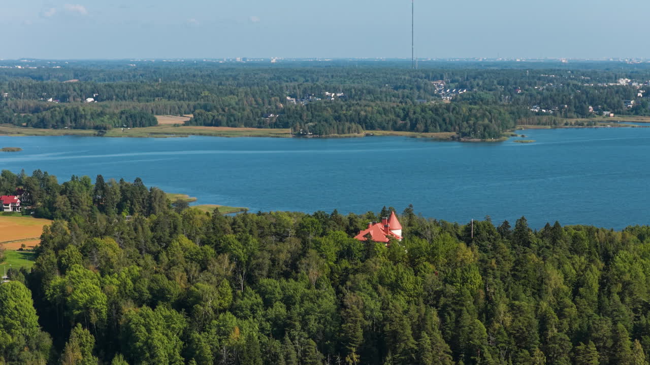 Aerial parallax of the Majvik's historic Art Nouveau Villa, in sunny Kirkkonummi