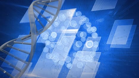 파란색 배경에 있는 사각형 위에 있는 dna 줄무와 연결망의 애니메이션